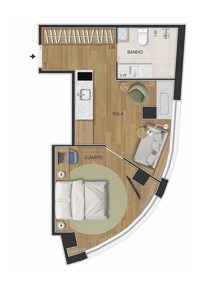 Plan sala quarto do Se7e Full Week Studios com 33,36 metros quadrados