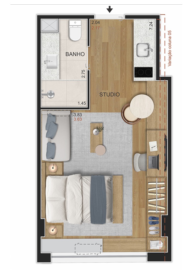 Plan de studio compacto do Se7e Full Week Studios entre 26 e 28 metros quadrados